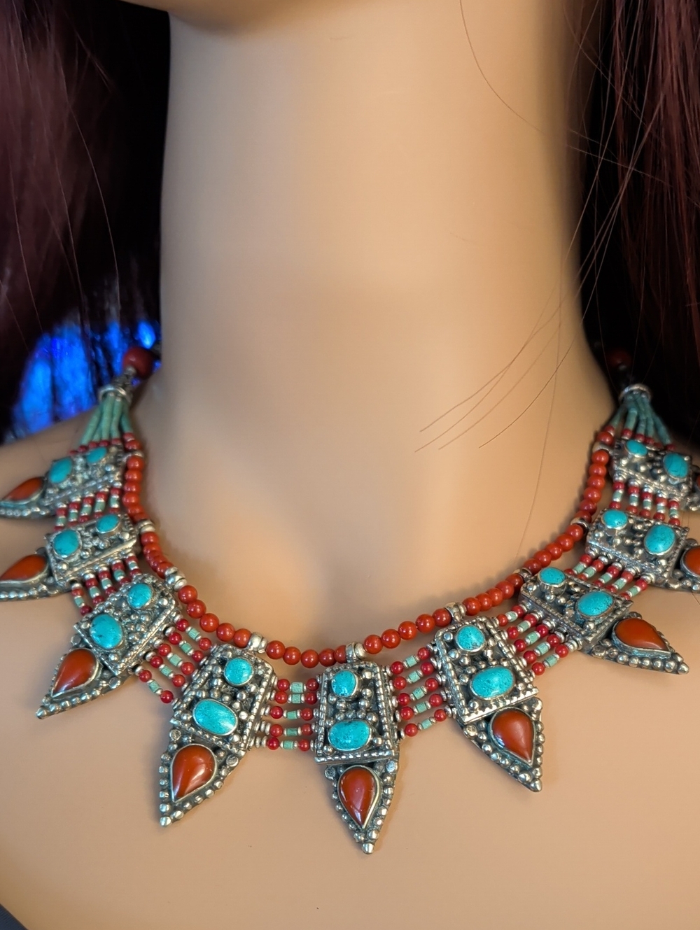Vintage Nepal Tibetan Boho Turquoise & Coral Beaded Statement Necklace